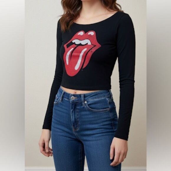 Bravado Black Long Sleeve Rolling Stones Tongue Logo  Graphic Band Tee Shirt M - Picture 1 of 6